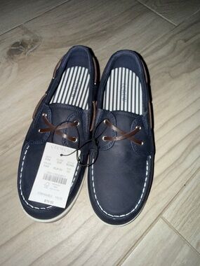 J. Crew Navy and Brown Kids Leather Boat Shoes